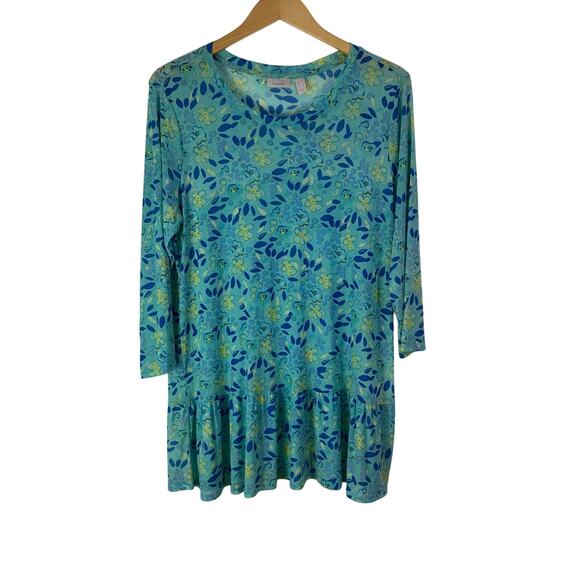 Logo Layers By Lori Goldstein Tunic Top Womens Large‎ Blue Floral Mesh Ruffle - Picture 1 of 6